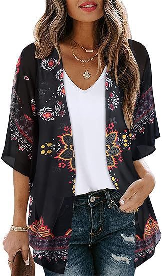 Floral Puff Sleeve Kimono Cardigan – Lightweight Beach Cover Up & Layering Piece