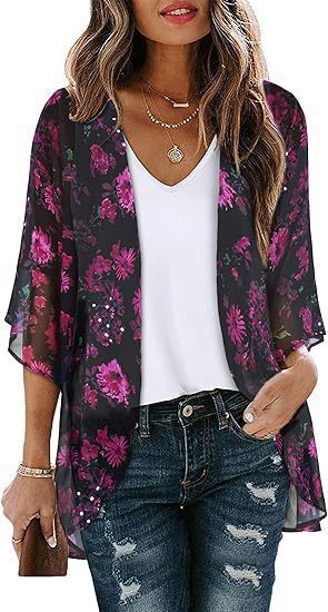 Floral Puff Sleeve Kimono Cardigan – Lightweight Beach Cover Up & Layering Piece
