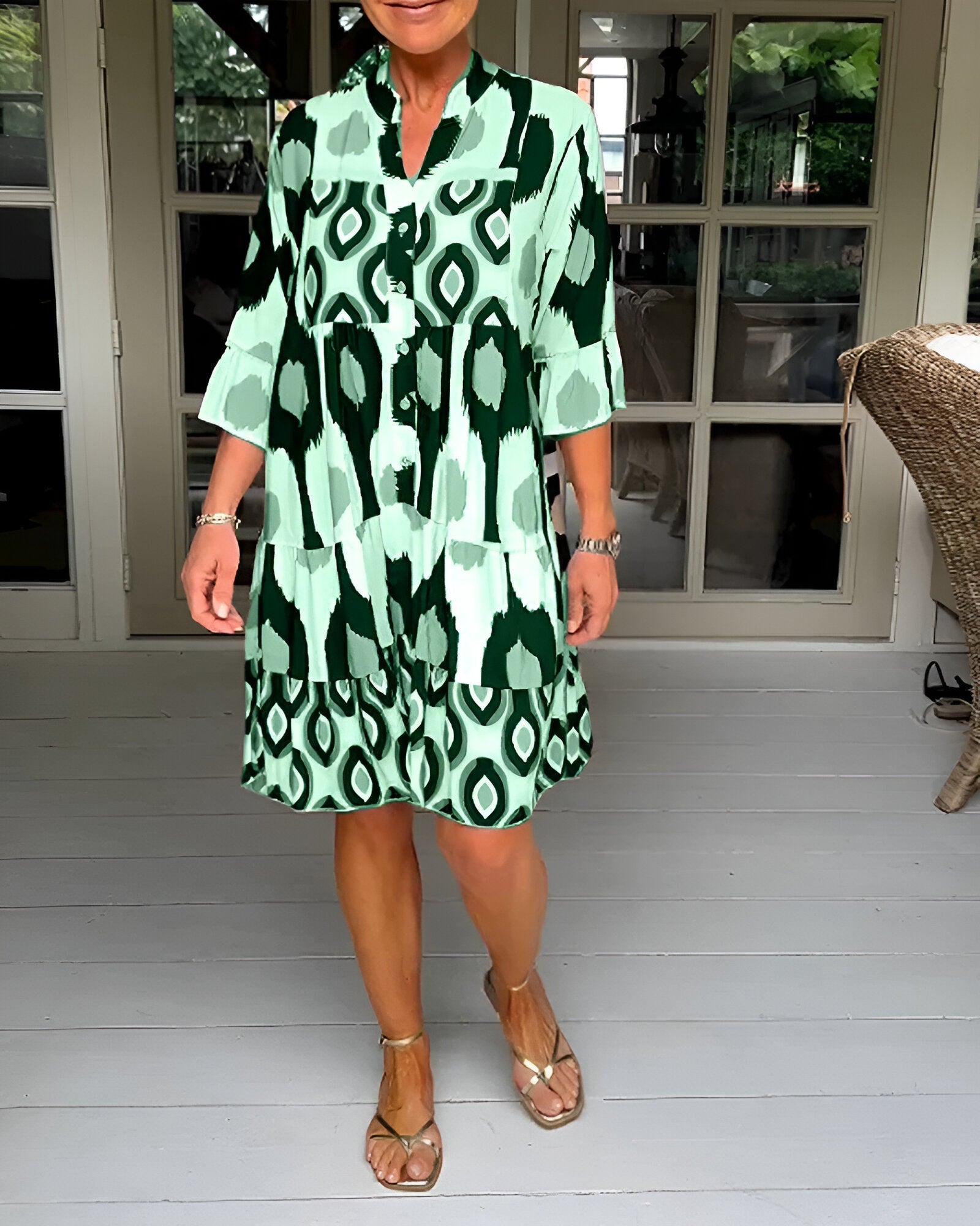 Floral Midi Dress — Women's 3/4 Sleeve A-Line Dress