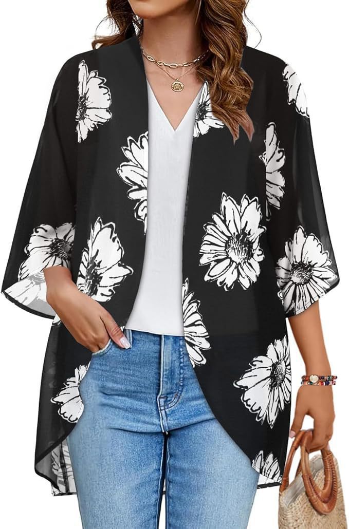 Floral Puff Sleeve Kimono Cardigan – Lightweight Beach Cover Up & Layering Piece