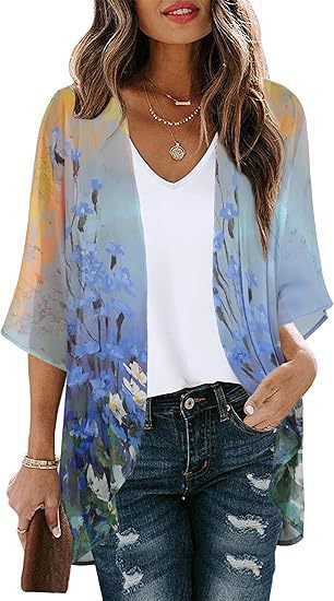 Floral Puff Sleeve Kimono Cardigan – Lightweight Beach Cover Up & Layering Piece