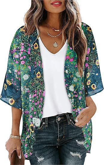 Floral Puff Sleeve Kimono Cardigan – Lightweight Beach Cover Up & Layering Piece