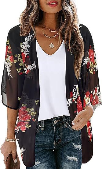 Floral Puff Sleeve Kimono Cardigan – Lightweight Beach Cover Up & Layering Piece