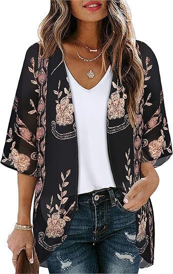 Floral Puff Sleeve Kimono Cardigan – Lightweight Beach Cover Up & Layering Piece