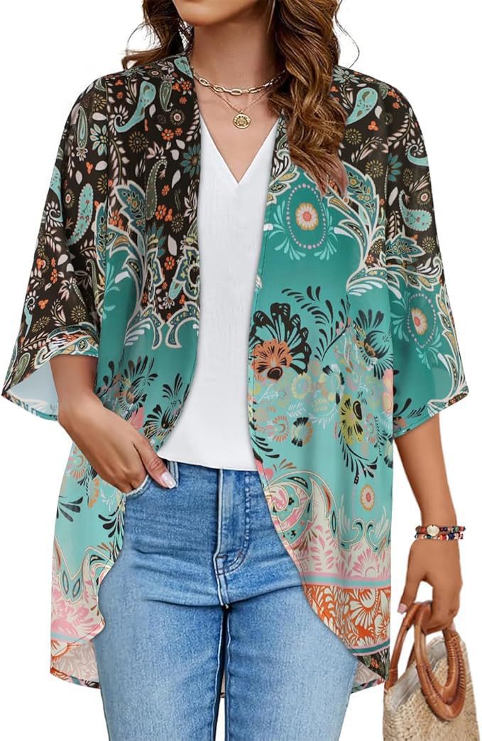 Floral Puff Sleeve Kimono Cardigan – Lightweight Beach Cover Up & Layering Piece
