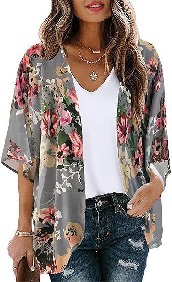 Floral Puff Sleeve Kimono Cardigan – Lightweight Beach Cover Up & Layering Piece