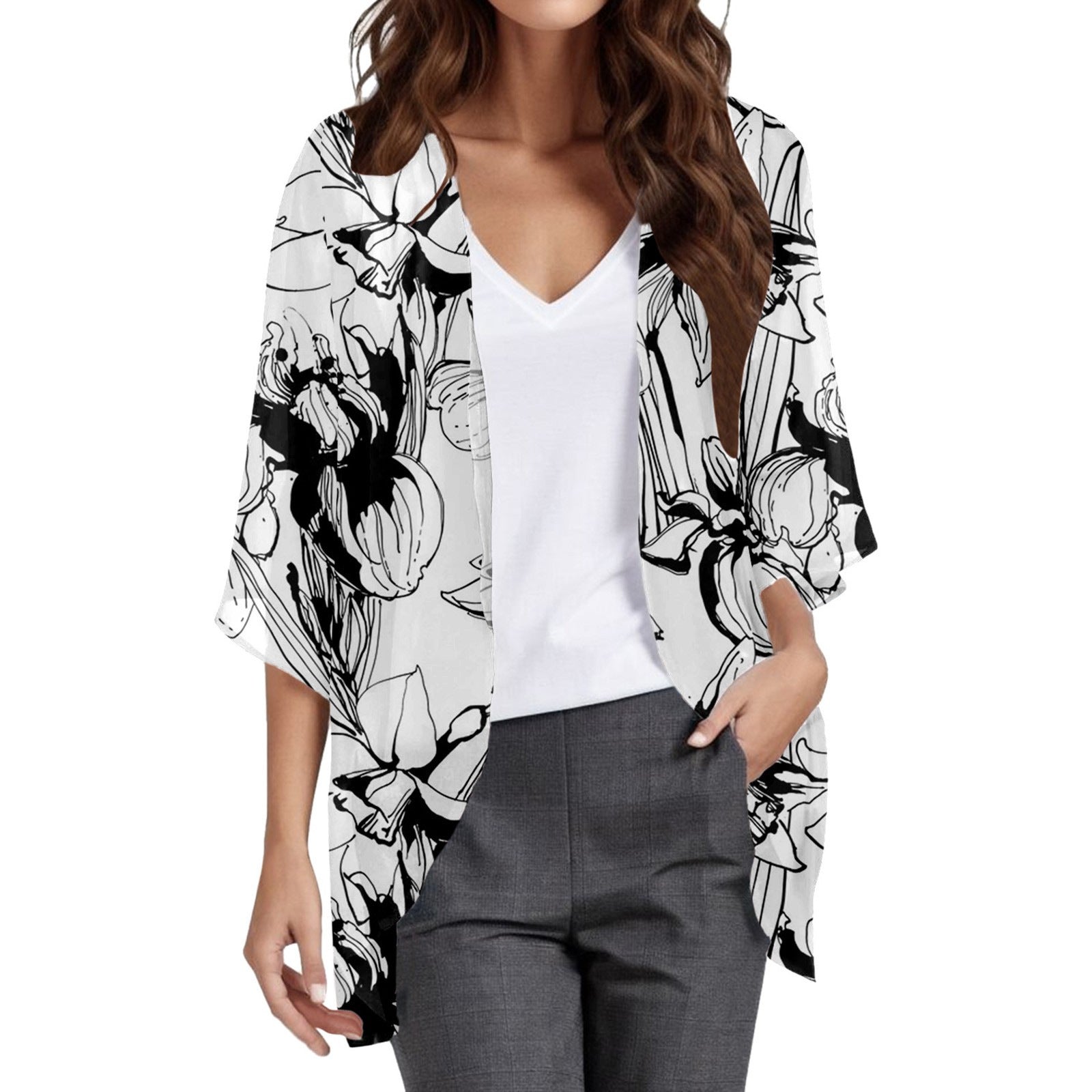 Floral Puff Sleeve Kimono Cardigan – Lightweight Beach Cover Up & Layering Piece