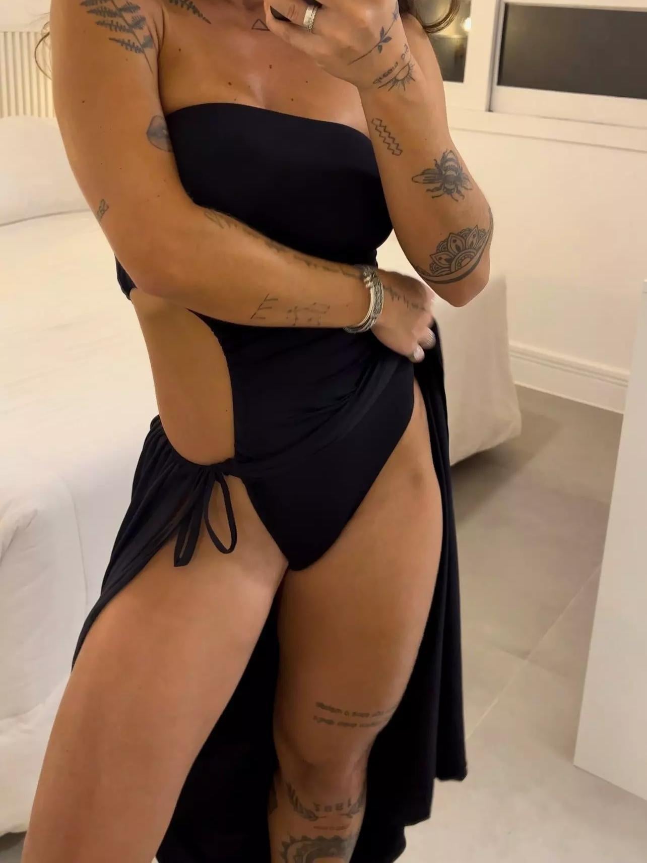 Women's Bandeau Side Slit Bodysuit Dress – Open Back Flared Mini Dress