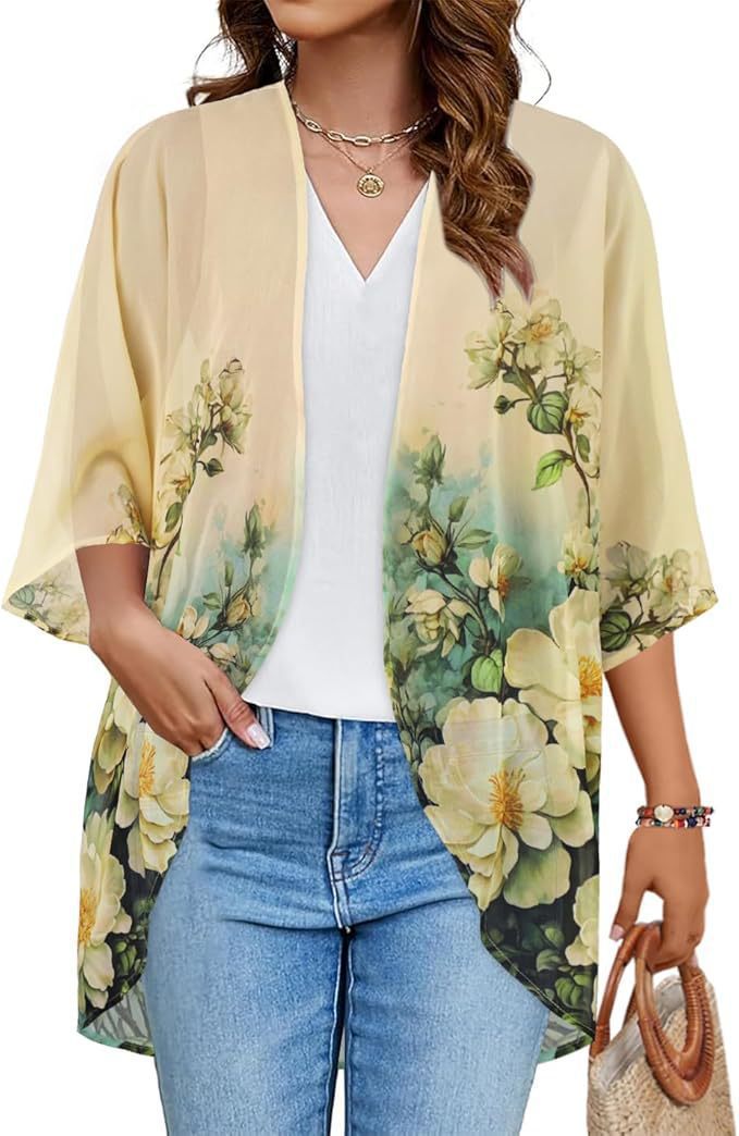 Floral Puff Sleeve Kimono Cardigan – Lightweight Beach Cover Up & Layering Piece