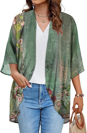 Floral Puff Sleeve Kimono Cardigan – Lightweight Beach Cover Up & Layering Piece
