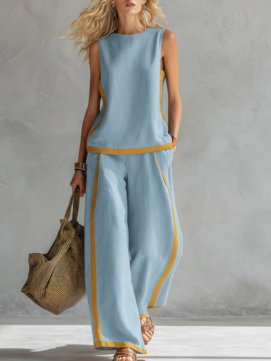 Linen Two-Piece Set: Relaxed Shell Top & High-Waisted Wide-Leg Pants (S-3XL)