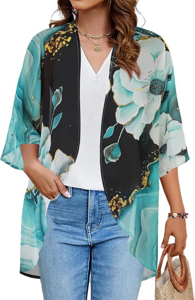 Floral Puff Sleeve Kimono Cardigan – Lightweight Beach Cover Up & Layering Piece