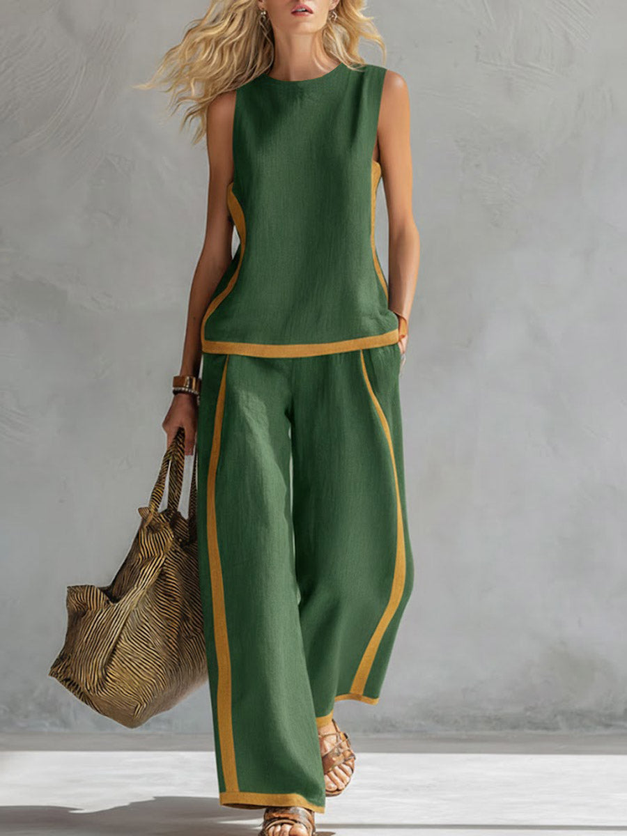 Linen Two-Piece Set: Relaxed Shell Top & High-Waisted Wide-Leg Pants (S-3XL)