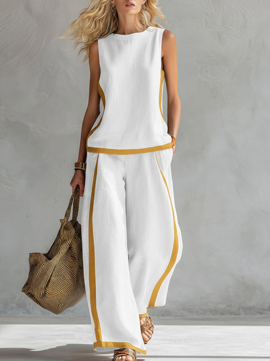 Linen Two-Piece Set: Relaxed Shell Top & High-Waisted Wide-Leg Pants (S-3XL)