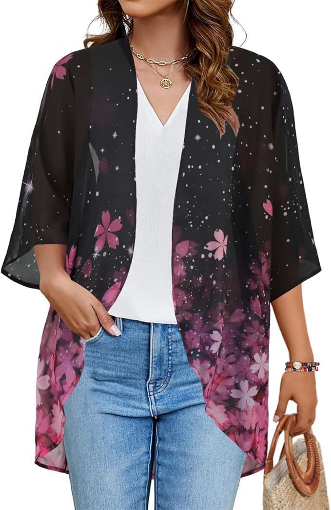 Floral Puff Sleeve Kimono Cardigan – Lightweight Beach Cover Up & Layering Piece