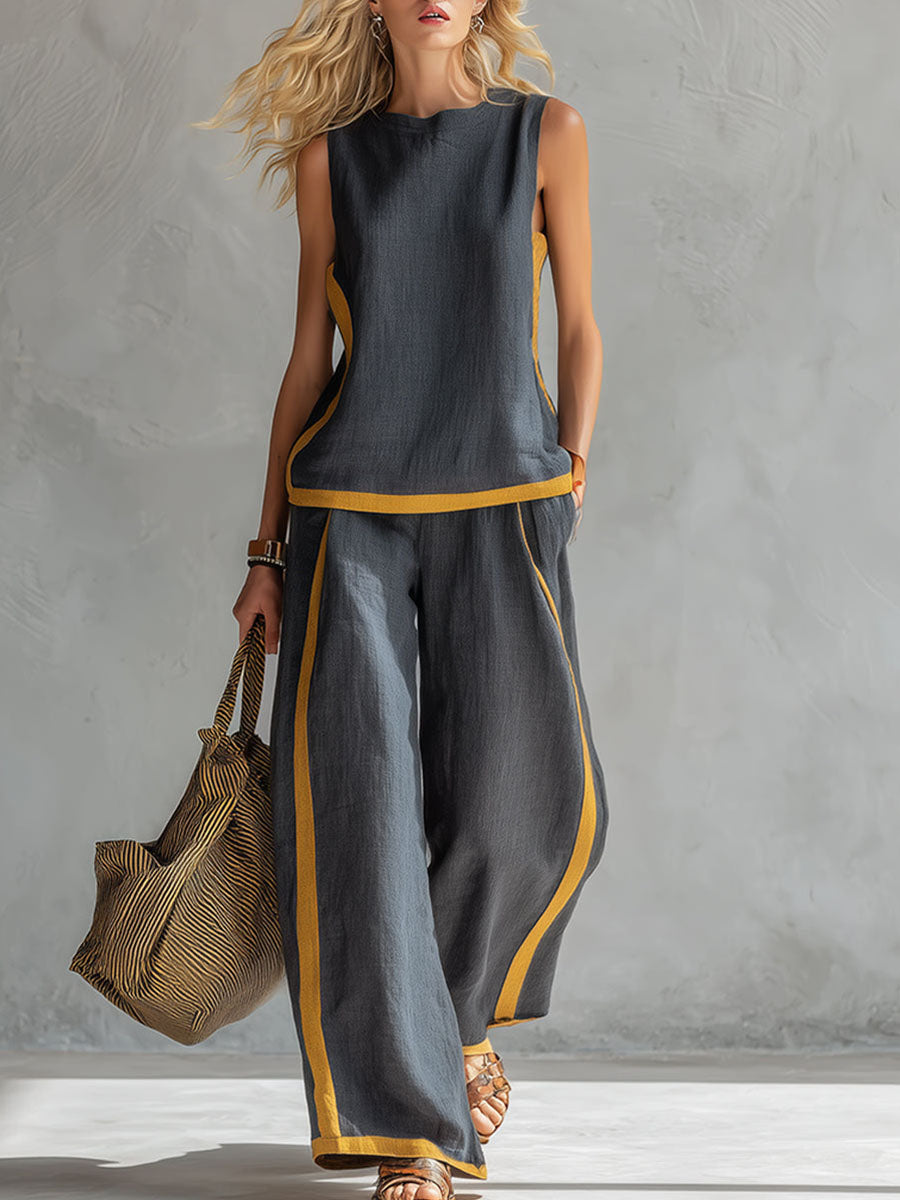 Linen Two-Piece Set: Relaxed Shell Top & High-Waisted Wide-Leg Pants (S-3XL)