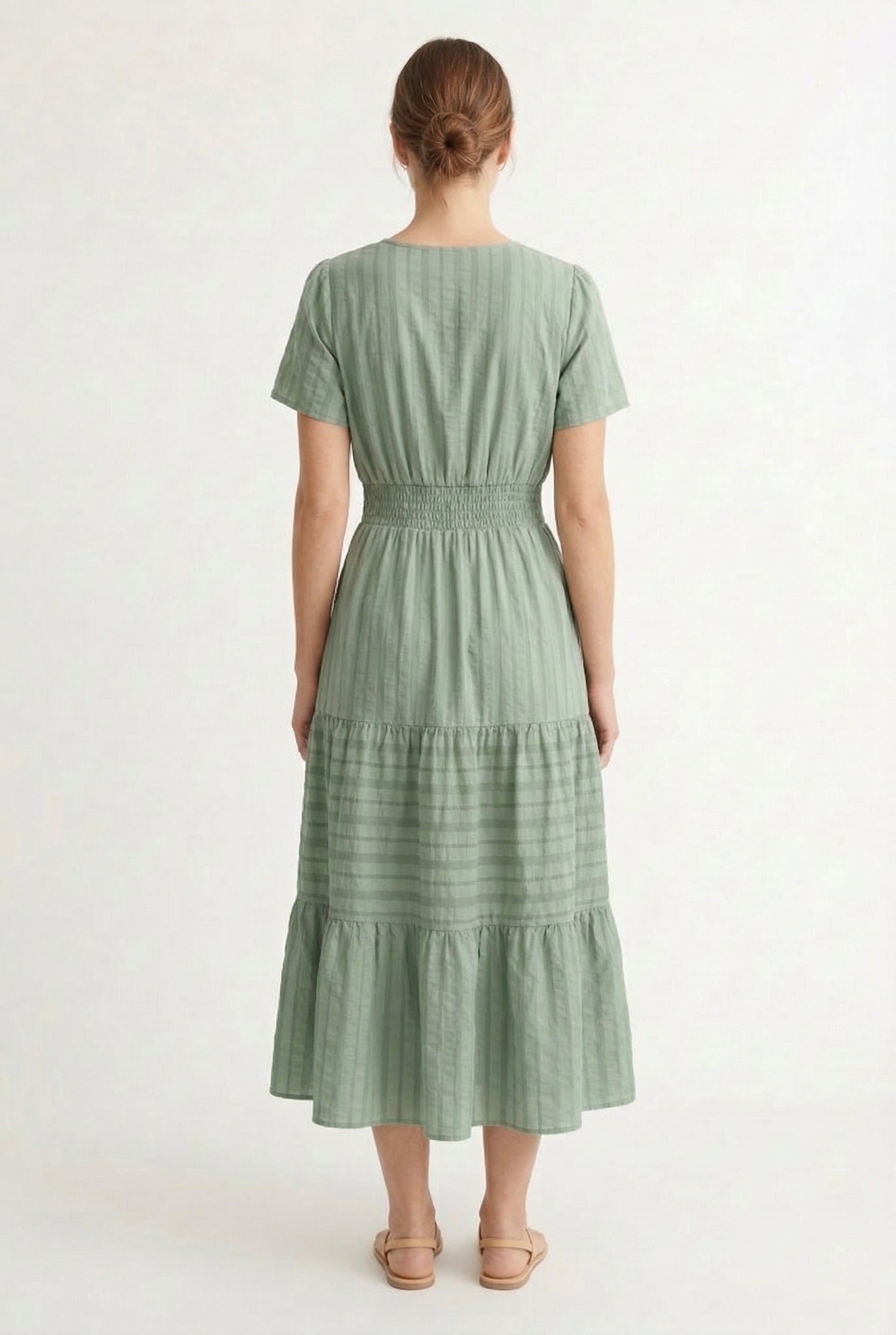 Smocked Waist Long Dress –  V-Neck, Puff Sleeves & Pockets